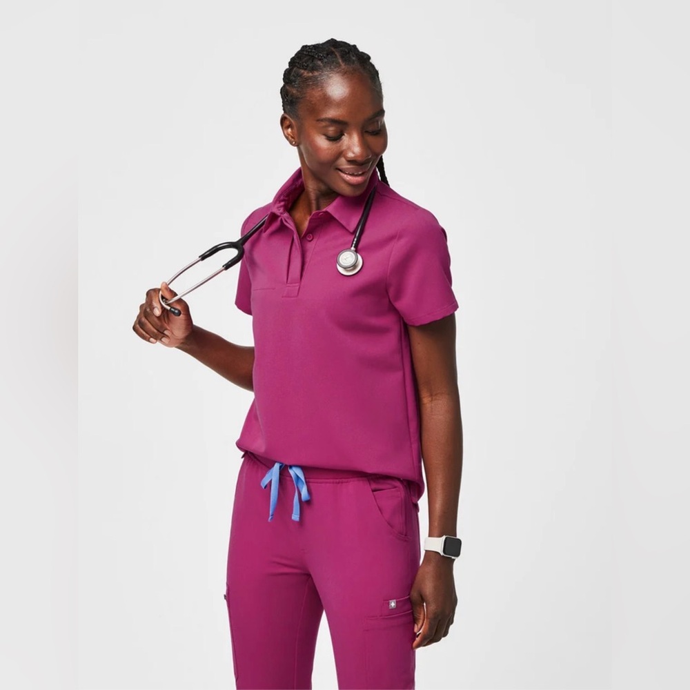 Figs Scrub Set “Raspberry Sorbet” Nala Polo + Petite High Waisted Jogger Pants